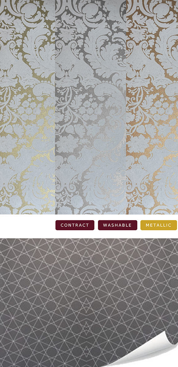 La Aurelia luxury metallic damask wallpaper samples in gold, silver and copper finishes